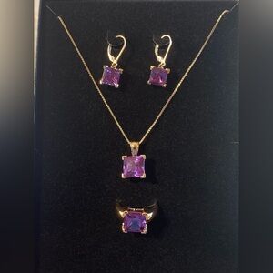 Ross Simons 14k Gold over 925 sterling Amethyst earrings Necklace & ring set
